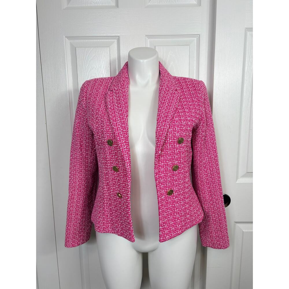 Nanette Lepore Tweed Blazer Pink and White Textured Boucle Knit Size L - Picture 2 of 8